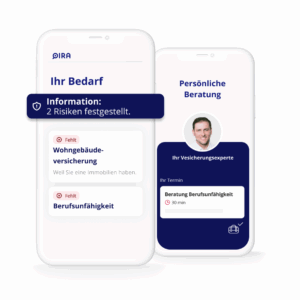 Smartphone-Ansicht mit Risikoanalyse: Zwei fehlende Versicherungen erkannt und Möglichkeit zur Online-Beratung