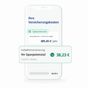 Smartphone-Ansicht mit Versicherungsübersicht: Gesamtkosten 385,45 € jährlich, Sparpotenzial 38,23 € bei Haftpflichtversicherung