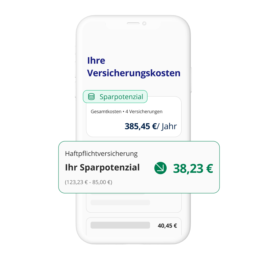 Digitale Übersicht der Versicherungskosten mit hervorgehobenem Einsparpotenzial bei Haftpflichtversicherung