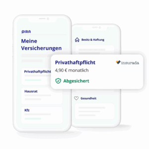 Smartphone-Ansicht der Versicherungsübersicht mit Privat­haftpflicht­versicherung für 4,90 € monatlich und hoher Vertragsqualität